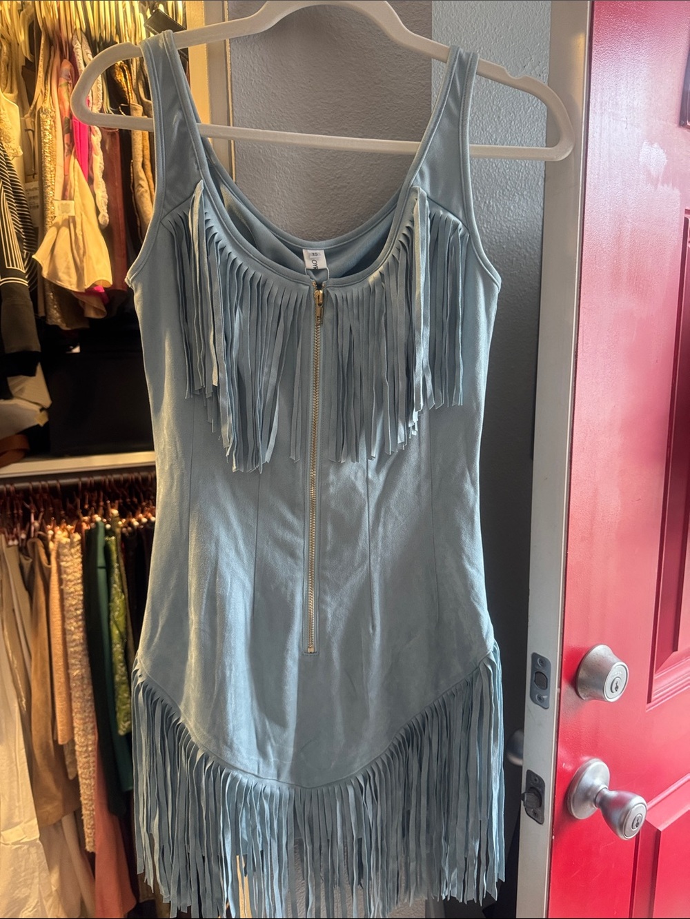 Fringe Faux Suede Zip-Front Tank Dress — Light Blue